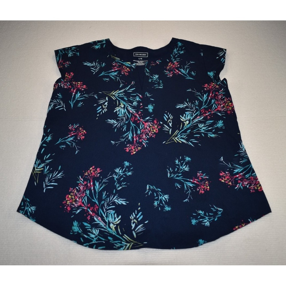Van Heusen Women's Cap-Sleeve Navy Floral Print Pullover Blouse Size Large